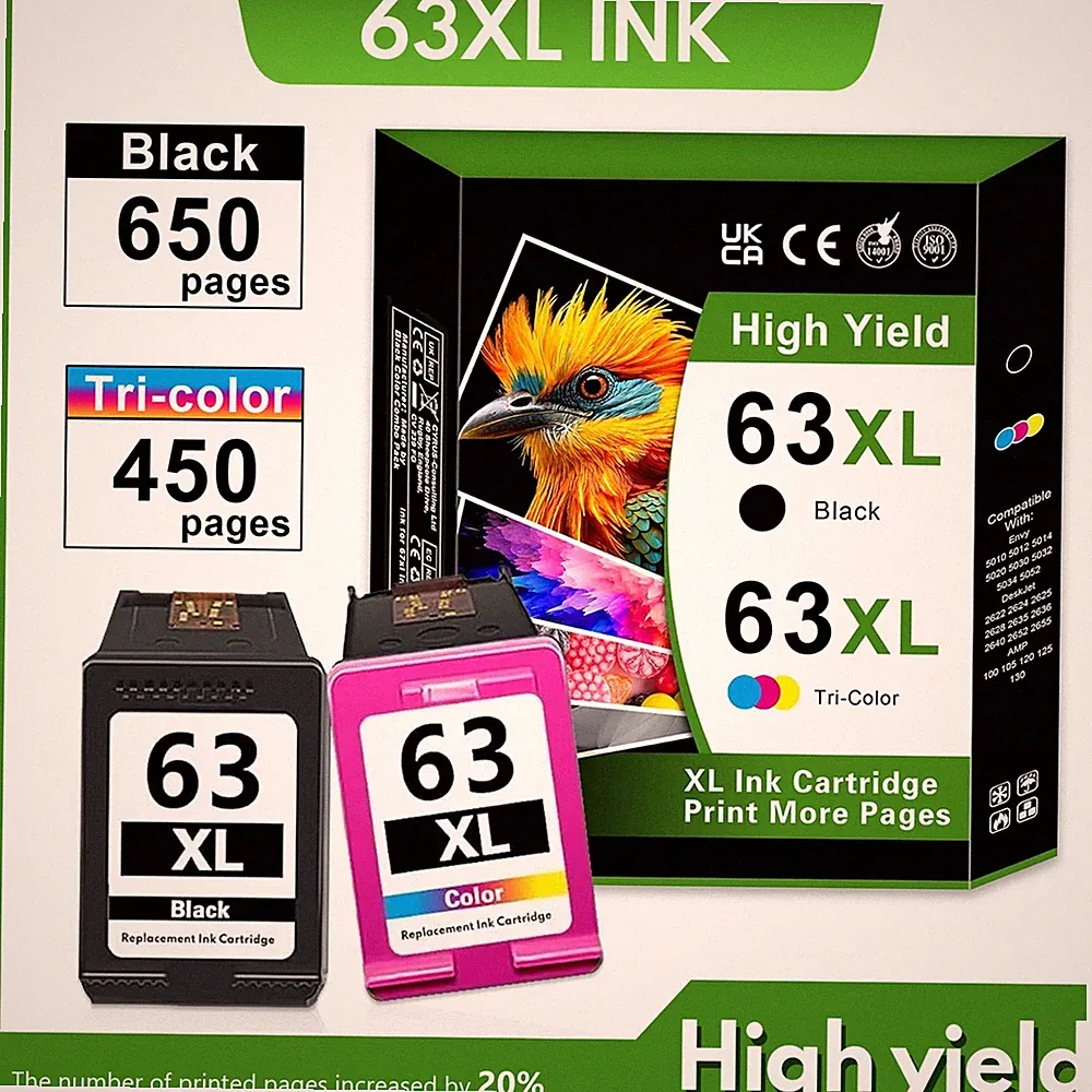 63XL Ink Cartridge Combo (1 Black, 1 Tri-Color) for HP 63 OfficeJet 3830 5255
