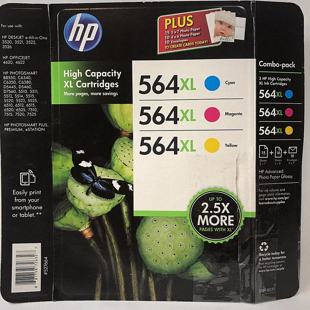HP 564XL (D8J63BN) 3-Pack Color Ink Printer Cartridges & Photo Paper w Envelopes